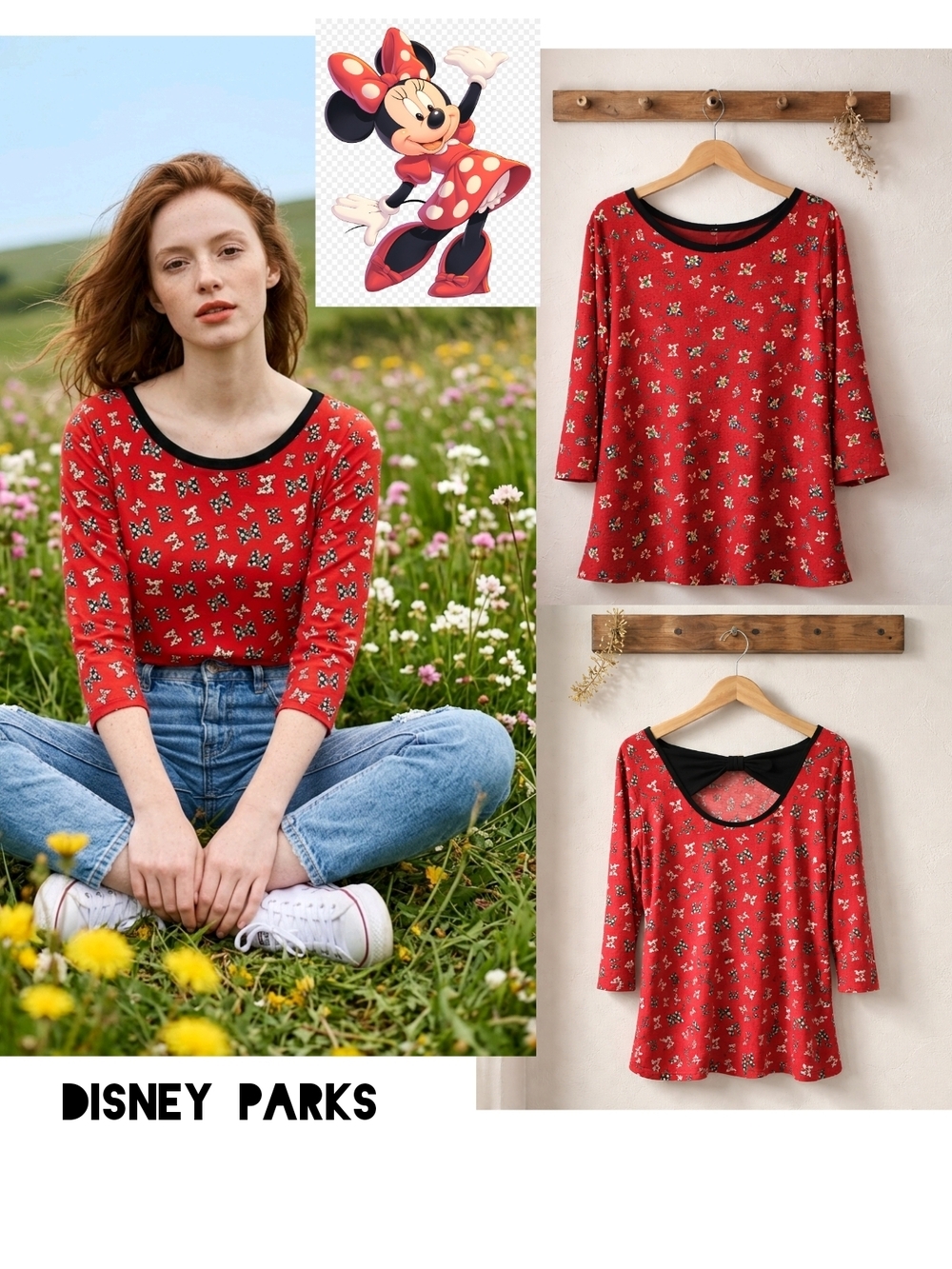 Disney Red Minnie Mouse Floral Scoop Neck Long Sleeve Tee with Black Trim
